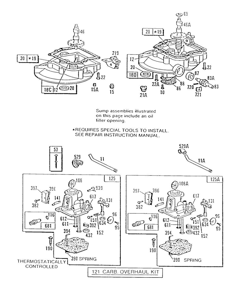 (2)sump Base Assembly (2) Carbs. Diagram and Parts List for 94988-0654-01  Briggs and Stratton Engine